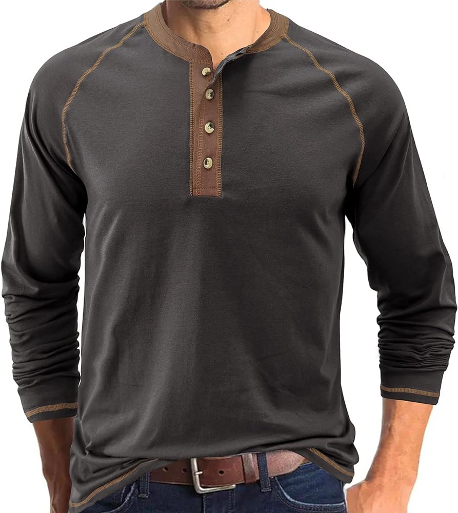 Aulemen Men's Henley Shirt Long Sleeve Casual Lightweight Button Cotton Basic T-Shirt Raglan Sleeve