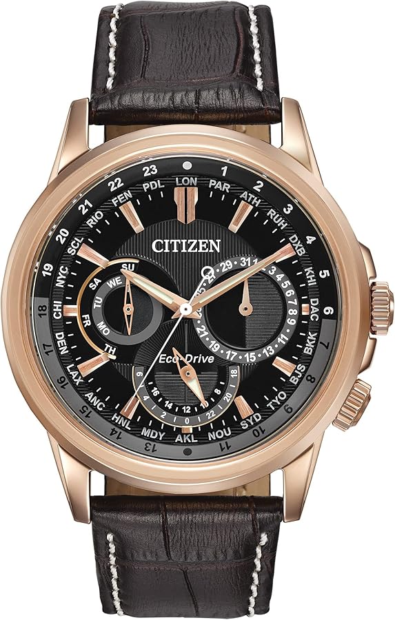 Citizen Eco-Drive Calendrier Quartz Mens Watch, Stainless Steel with Leather strap, Classic, Brown (Model: BU2023-04E)