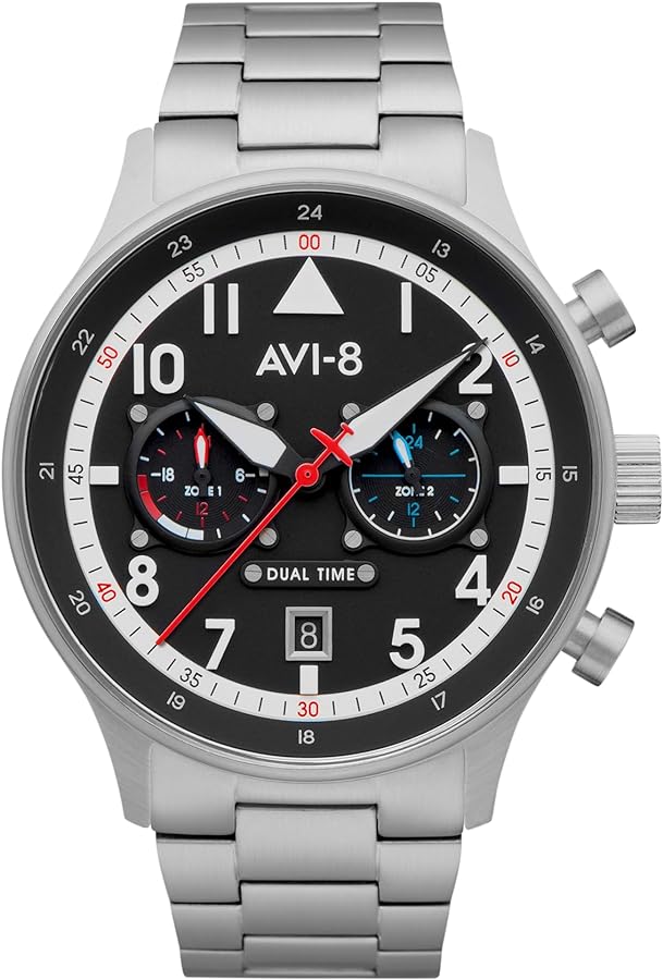 AVI-8 Mens 43.5mm Hawker Hurricane Carey Dual Time Rangoon Japanese Quartz Pilot Watch with Stainless Steel Bracelet AV-4088-11