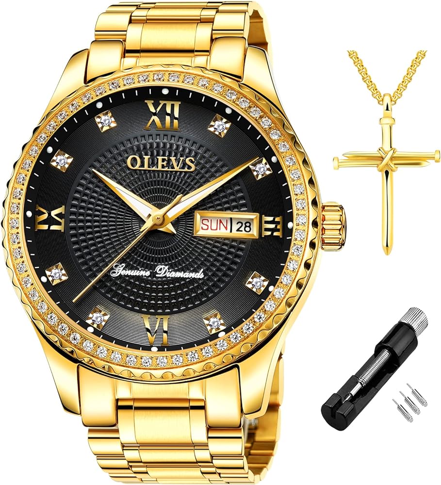 OLEVS Diamond Watches for Men,Business Dress Watch Waterproof Luminous,Male Golden Big Dial Luxury Casual Quartz Analog Watches with Day Date Calendar and Stainless Steel Band