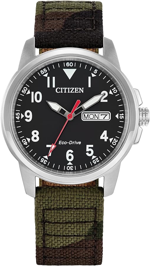 Citizen Men's Eco-Drive Weekender Garrison Field Watch in Stainless Steel with Camo Nylon strap, Black Dial (Model: BM8188-01E)