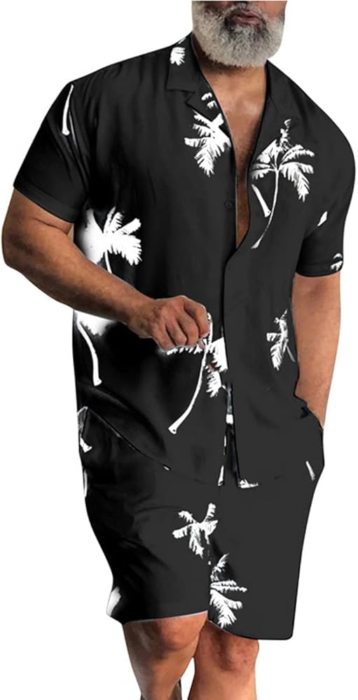 chouyatou Men's Summer Hawaiian Coconut Palm Print 2 Piece Outfits Button Down Shirt and Shorts Sets