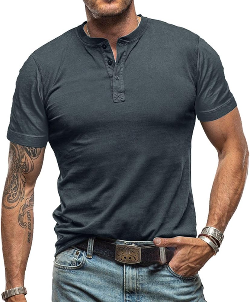 Men's Fashion Henley Shirts Casual Button Short Sleeve T-Shirt Classic Solid Color Lightweight Cotton Tee Tops