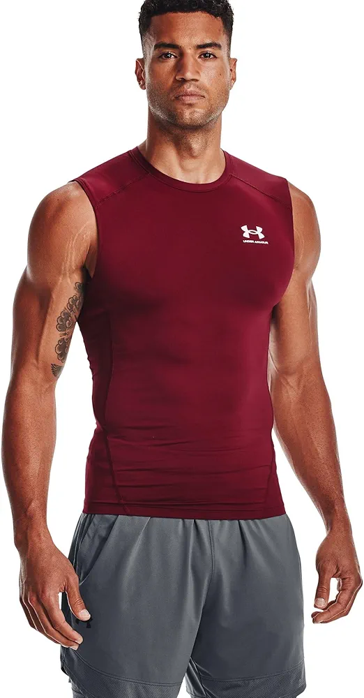 Under Armour Men's Standard HeatGear Compression Sleeveless, Cardinal/White