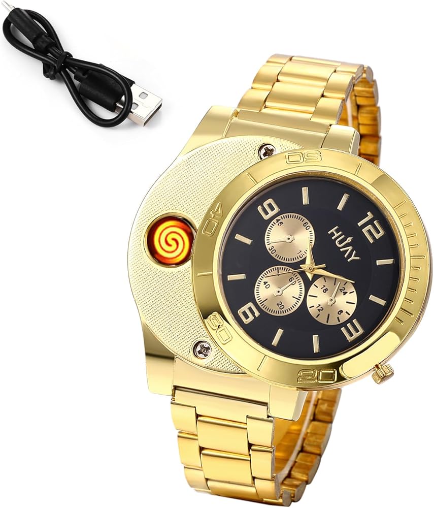 JewelryWe Mens Novelty Cigarette Lighter Watch USB Charging Windproof Quartz Wrist Watch for Valentine’s Day