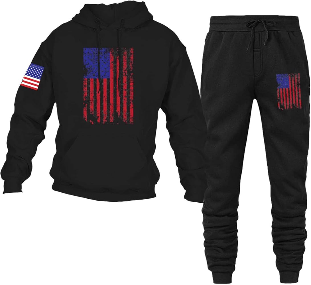 Vintage American Flag Tracksuit Set for Men and Women - Long Sleeve USA Flag Pullover Hoodies and Sweatpants Outfit