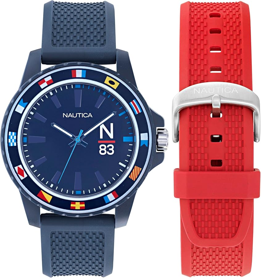 Nautica Men's NAPFWF307 Finn World Blue Wheat PU Fiber Strap & Red Wheat PU Fiber Strap Watch