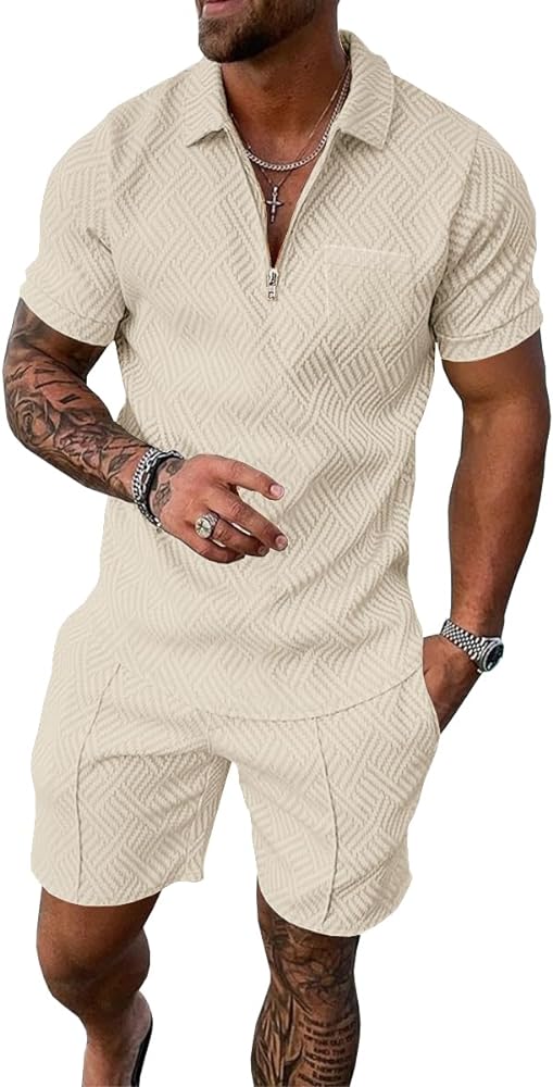 Mens Track Suits 2 Piece Sets Short Sleeve Sweatsuit Outfits 1/4 Zip Golf Polo Shirts Summer Shorts Loungewear