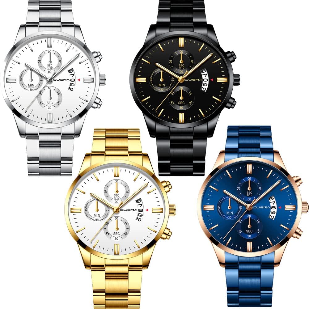 4 Pack Men's Watches Luxury Casual Dress Business Waterproof Military Quartz Wristwatches for Men Stainless Steel Band Gold Black Blue Silver Wholesales Set Assorted