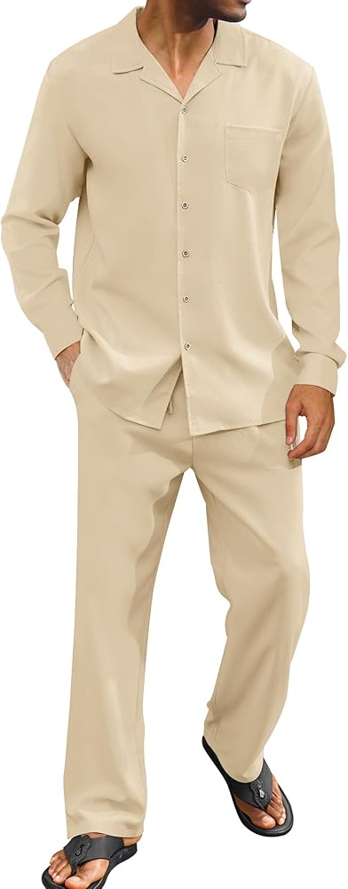 LecGee Mens 2 Piece Linen Sets Long Sleeve Cuban Linen Shirt and Linen Pants Sets Beach Vacation Outfits