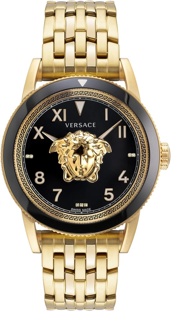 Versace V-Palazzo Collection Luxury Mens Watch Timepiece with a Gold Bracelet Featuring a Gold Case and Black Dial