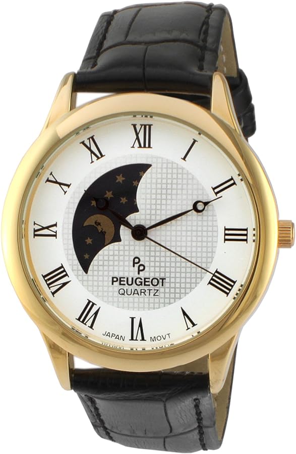 Peugeot Men's 14K Gold Plated Sun Moon Phase Vintage Dress Analog Watch with Leather Strap, Black