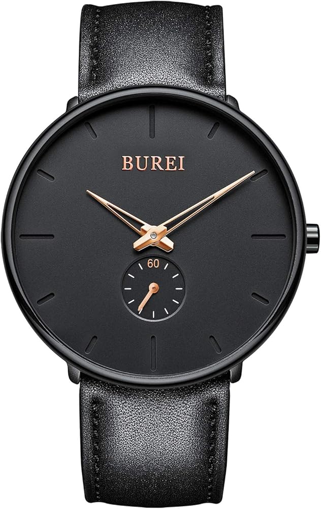 BUREI Men's Black Minimalist Slim Watch Analog Leather Strap Watch Waterproof Quartz Watch with Black Dial