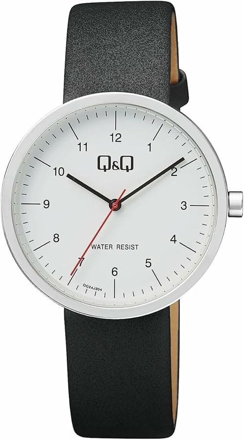 Citizen Q&Q Men Analog Quartz Watch with Leather Strap QC24J304, Black, strap