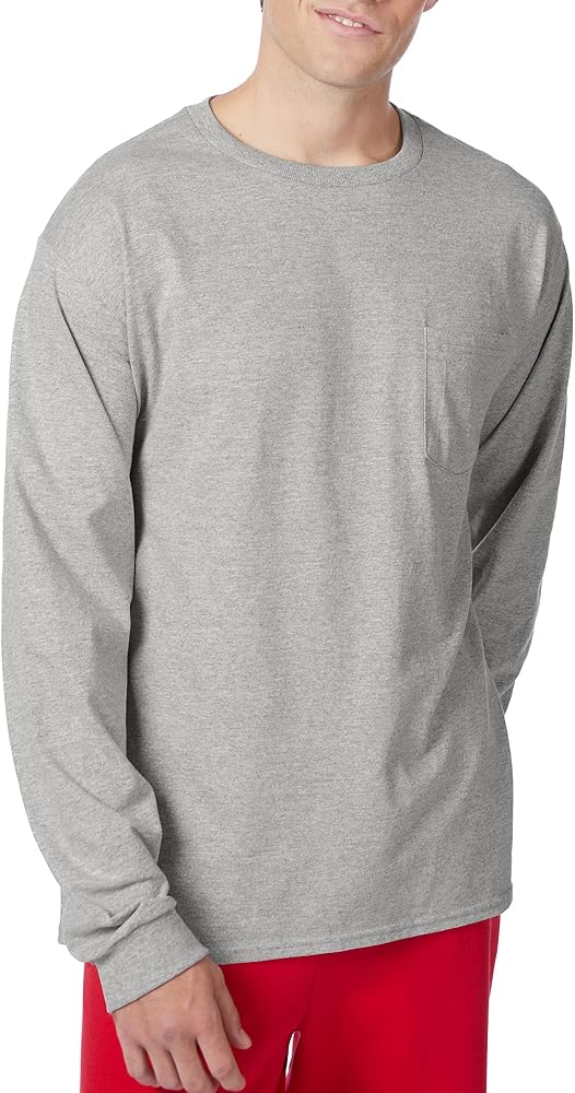 Hanes Mens Essentials Long-Sleeve T-Shirt, Cotton Pocket Tee, Long-Sleeve Tees For Men