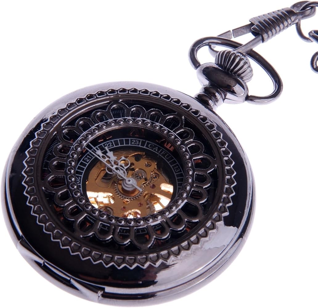 ShoppeWatch Skeleton Mechanical Pocket Watch Wind Up with Chain Mens Steampunk Pocketwatch Reloj de Bolsillo PW33