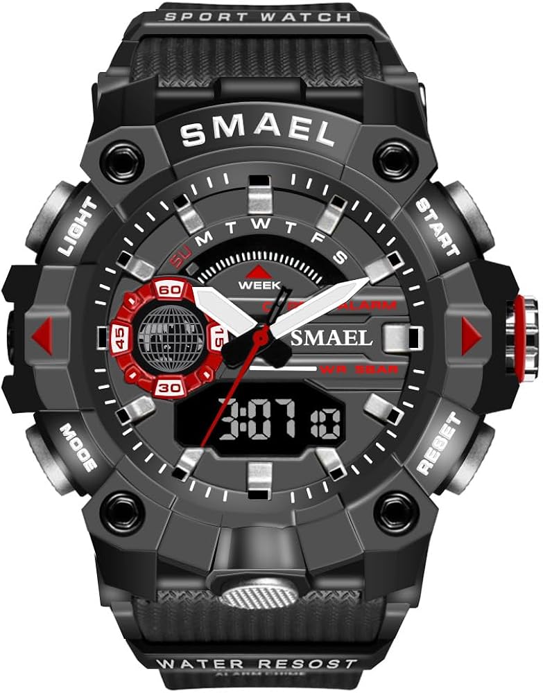 SMAEL Sports Outdoor Waterproof Military Watch Resistant-Shock Dual Display Army Wrist Watch for Men Backlight Clock (Black Red)