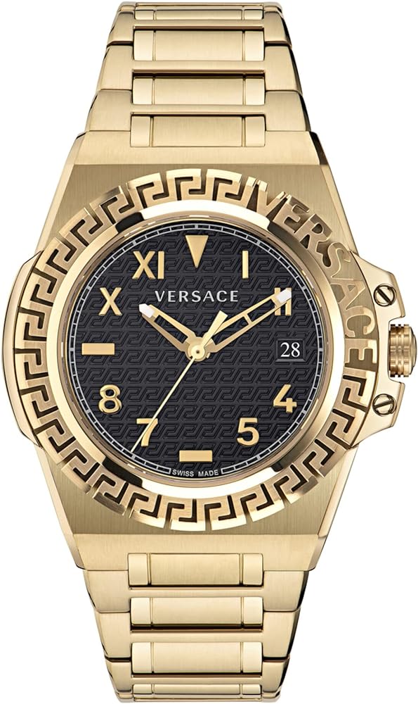 Versace Greca Reaction Collection Luxury Mens Watch Timepiece with a Gold Bracelet Featuring a Gold Case and Black Dial