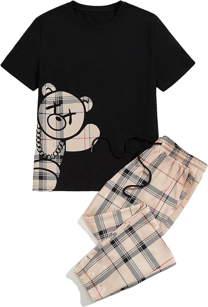 GORGLITTER Men's 2 Piece Outfit Graphic Tee T-Shirt and Drawstring Waist Plaid Pants Set