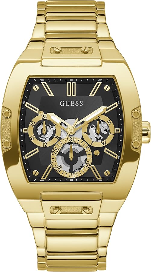 GUESS Men's Trend Multifunction Tonneau 43mm Watch – Black Dial Gold-Tone Stainless Steel Case & Bracelet