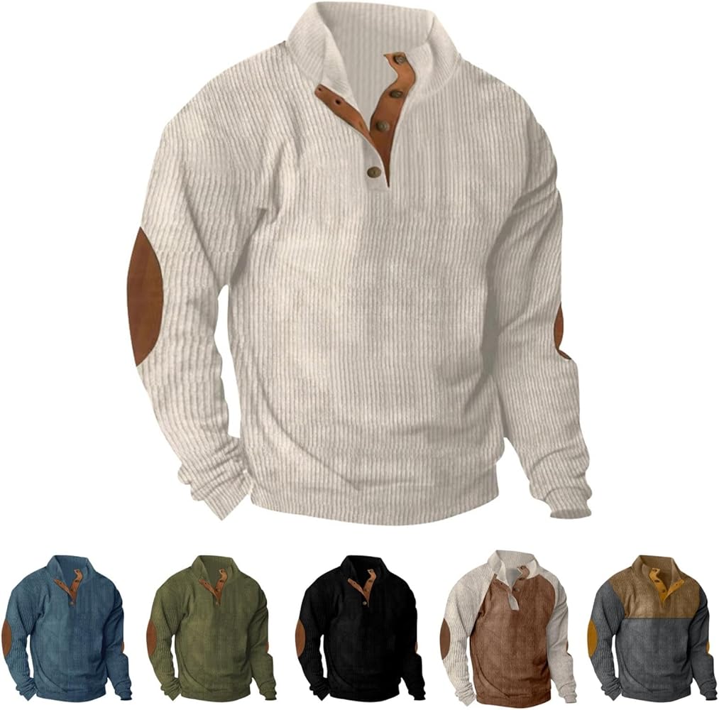 Mens Corduroy Sweatshirts Casual Stand Collar Button Up Shirts Vintage Aztec Long Sleeve Mock Neck Sweaters Hoodies