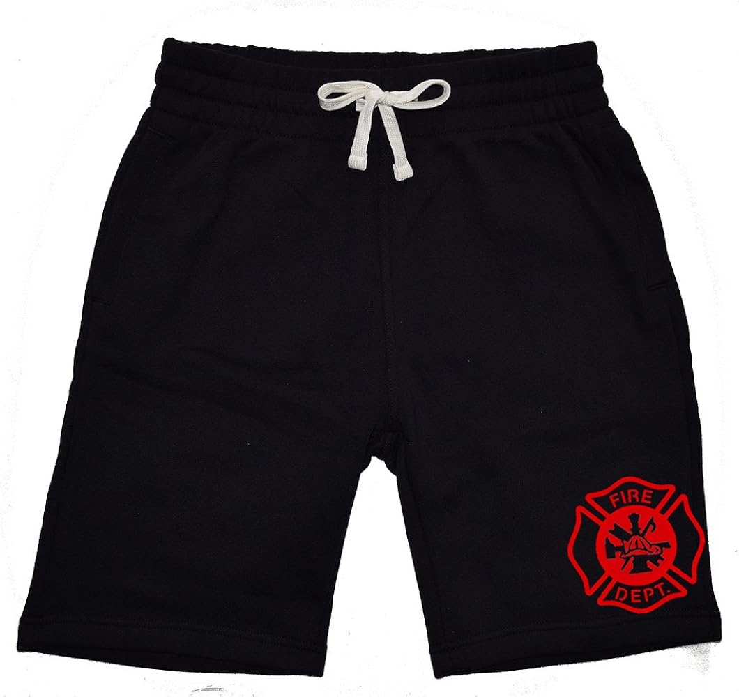 Men's Red Fire Dept. Badge V484 Black Fleece Jogger Sweatpant Gym Shorts