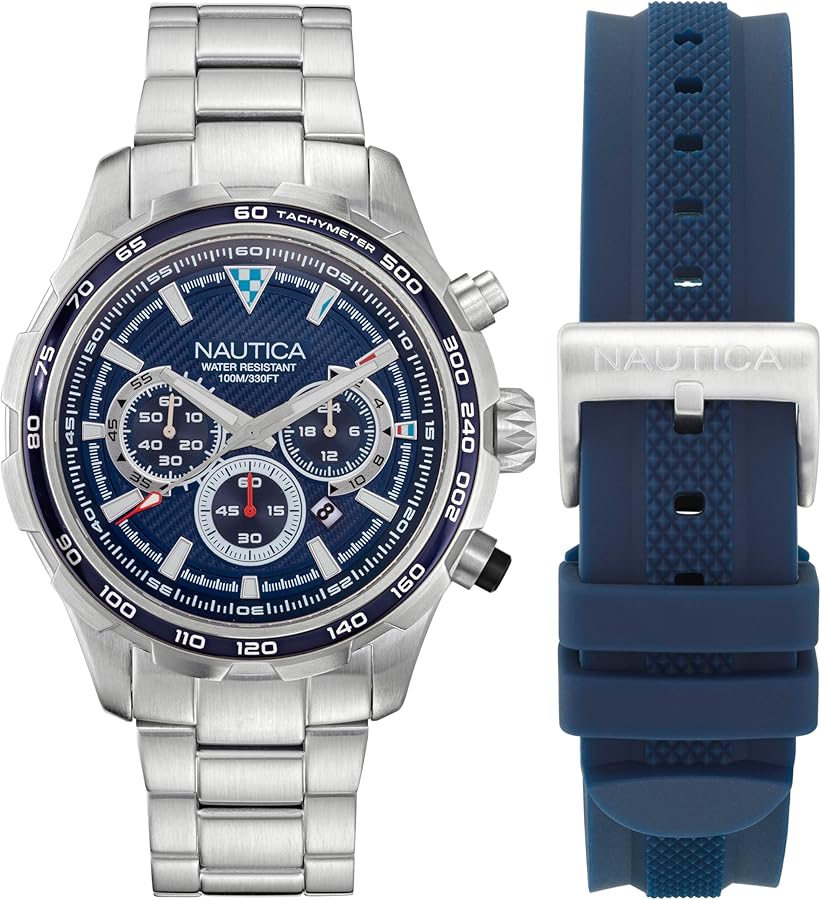 Nautica Men's NAPNSF307 NST Chrono Recycled Stainless Steel Bracelet and Blue Silicone Strap Watch