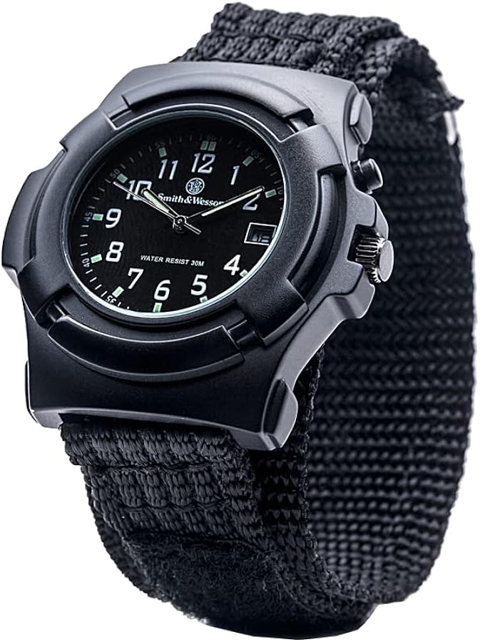 Smith & Wesson Lawman Men's Watch, 3ATM, Glowing Hands, Back Glow, Black Face and Nylon Strap, 40mm, Christmas Gift