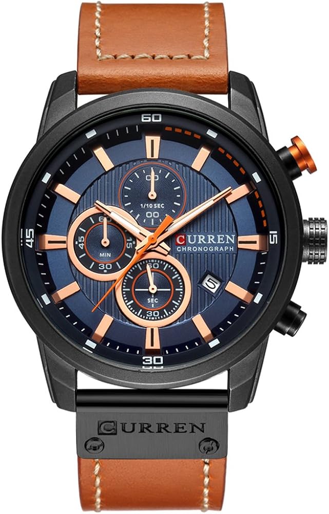 CURREN Mens Water Resistant Sport Chronograph Watches Military Multifunction Leather Quartz Wrist Watches (black blue)