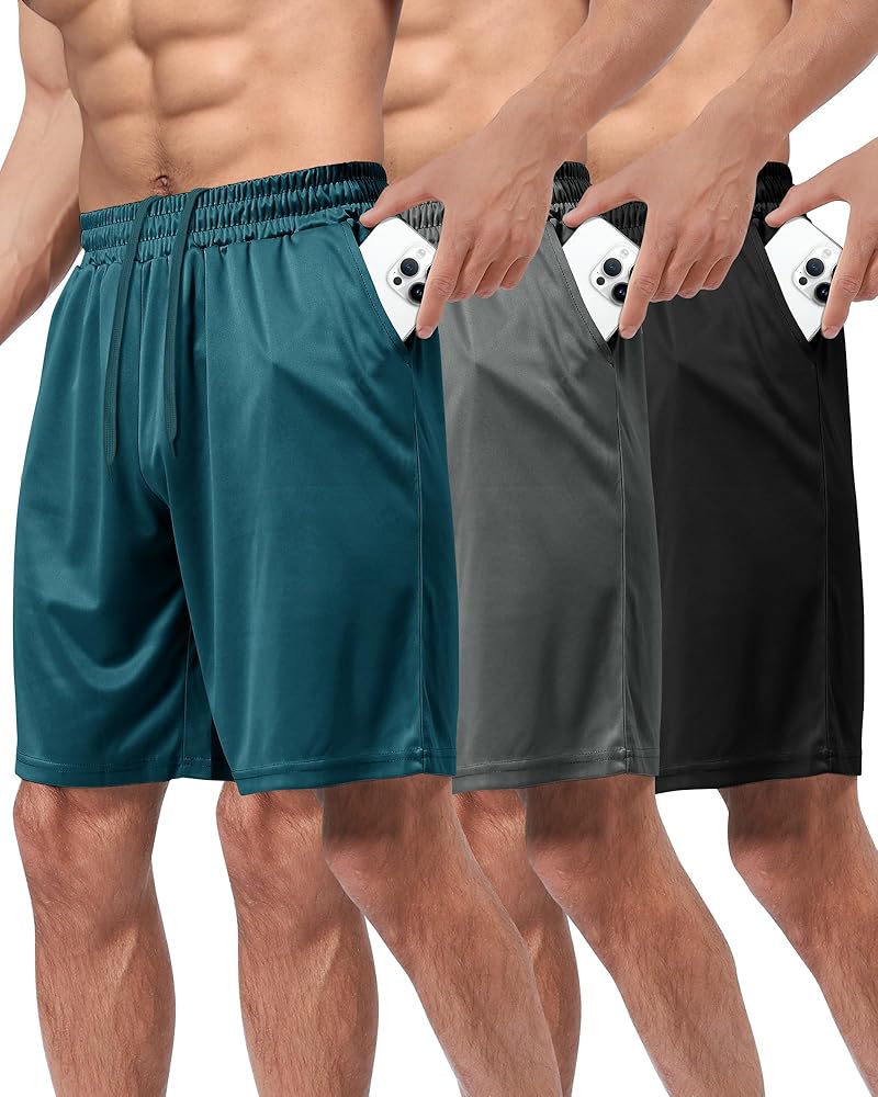 3 Pack Gym Basketball Mens Shorts - Quick Dry Black Workout Athletic Shorts with Pockets for Casual Running