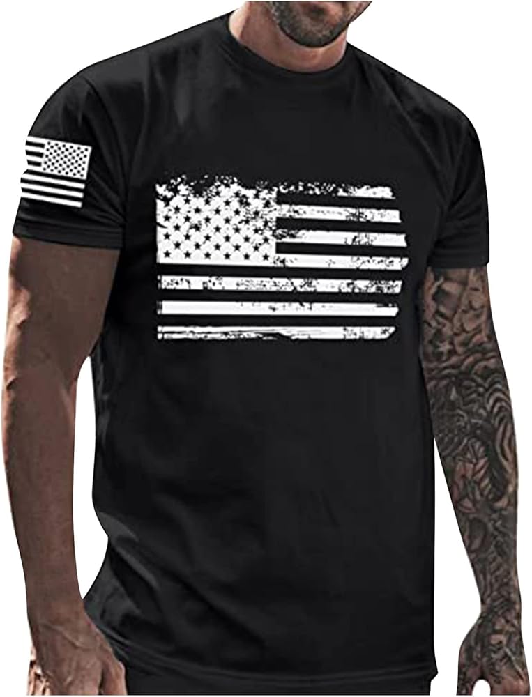 Men's T-Shirts American Flag Print Graphic T Shirt Short Sleeve Running Gym Workout Casual Tee Shirts, M-5XL