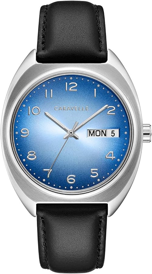 Caravelle Retro Quartz Mens Watch, Stainless Steel with Black Leather StrapSport