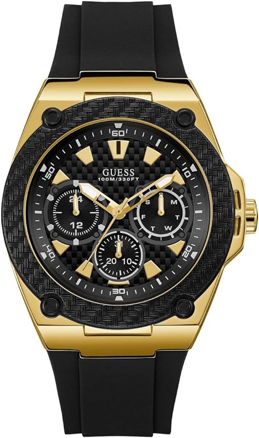 GUESS Comfortable Black Stain Resistant Silicone Watch with Gold-Tone Day, Date + 24 Hour Military/Int'l Time. Color: Black (Model: U1049G5)