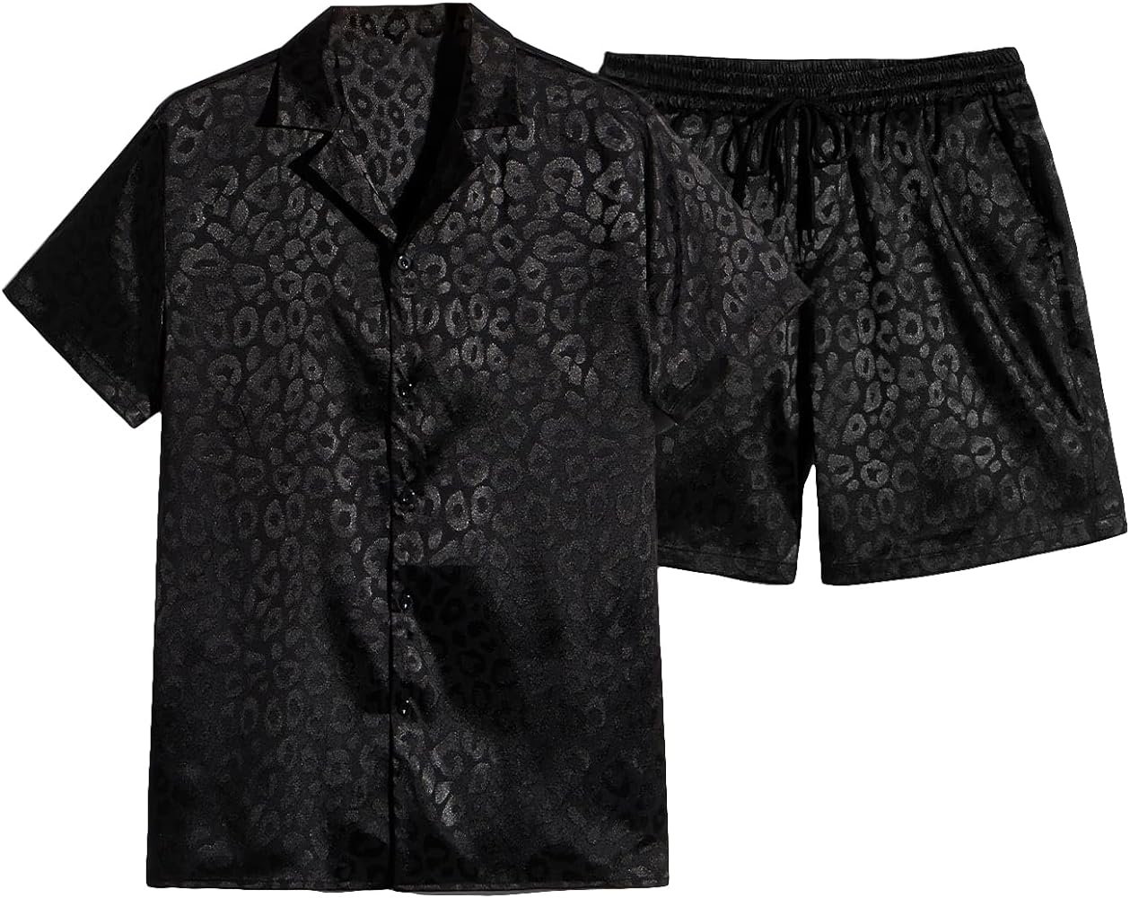 Verdusa Men's 2 Piece Lounge Set PJ Set Leopard Jacquard Button Front Shirt and Short Sets Black