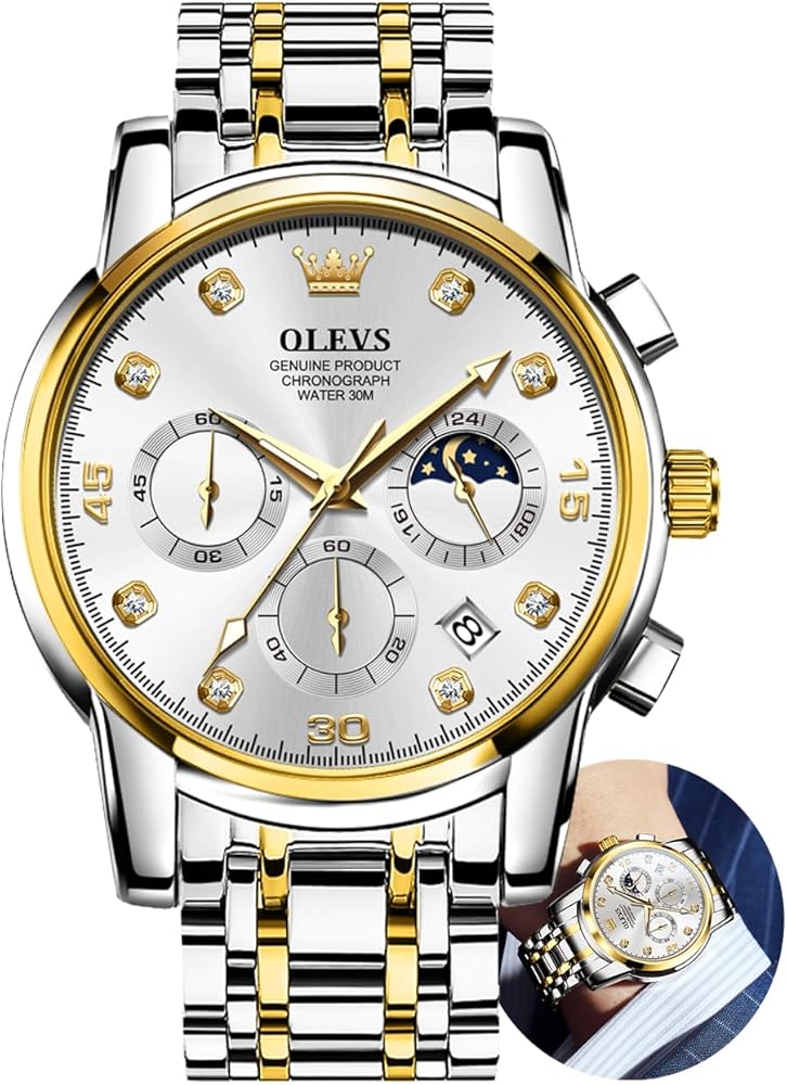 OLEVS Watch Men,Men's Stainless Steel Large Watch, Big Face Casual Analog Quartz Two Tone Easy to Read Watch for Men, Dress Luxury Waterproof Silver/Black/Blue/Gold Dial