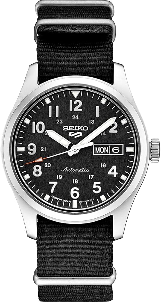 SEIKO SRPG37 Watch for Men - 5 Sports - Automatic with Manual Winding Movement, Black Dial, Stainless Steel Case, Black Nylon Strap, 100m Water Resistant, and Day/Date Display