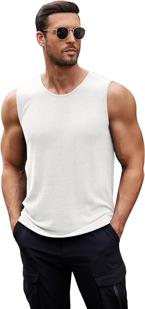 COOFANDY Men's Ribbed Knit Tank Tops Sleeveless Beach Muscle T Shirts Casual Basic Tank Shirts 2 Pack