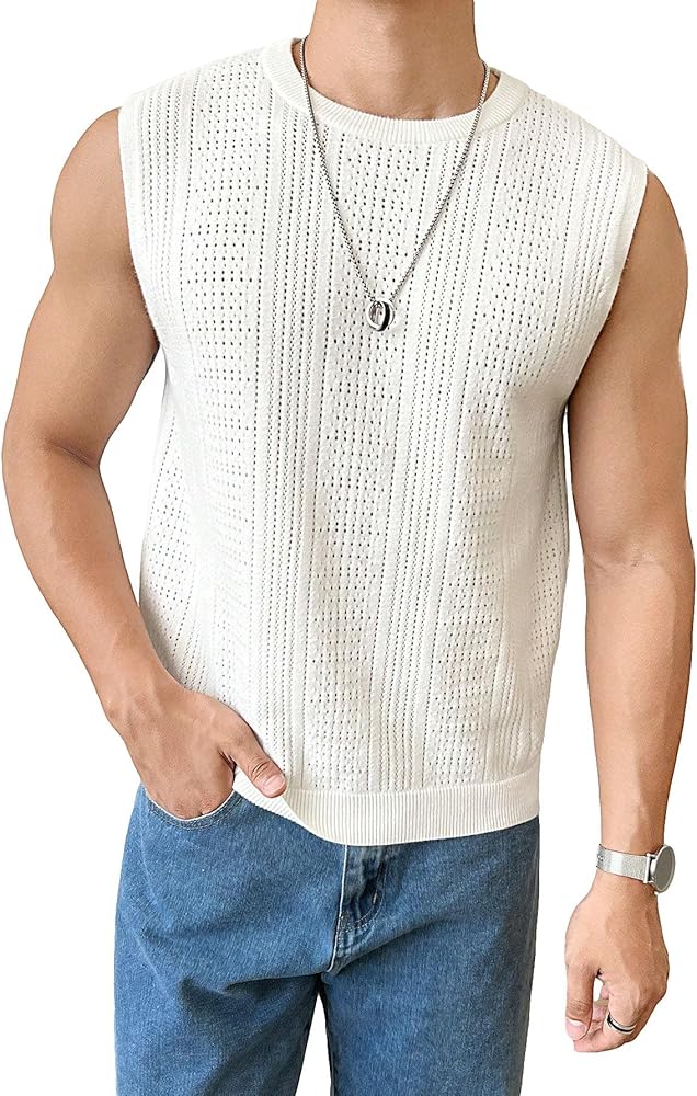 WDIRARA Men's Solid Ribbed Knit Tank Top Sleeveless Round Neck Casual Cami Shirt