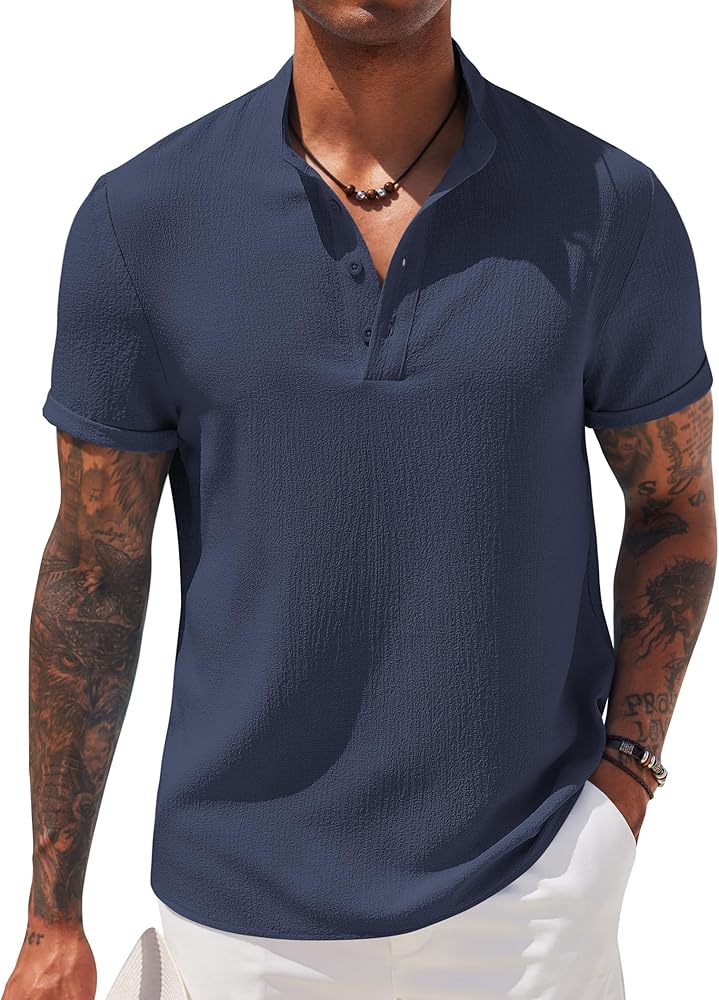 COOFANDY Mens Casual Linen Short Sleeve Henley Tee Shirt Beach Hippie Textured T-Shirt Navy Blue