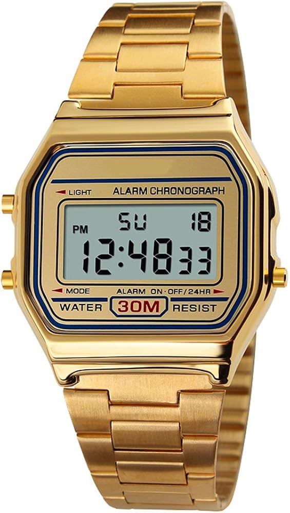 VIGOROSO Men Lady Vintage Retro Gold Stainless Steel Digital Casual Watch Alarm Stopwatch(Gold)