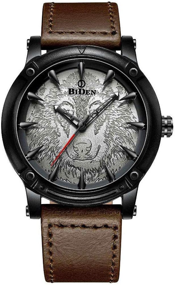 Carlien New 3D Engraved Wolf Dial Quartz Watch for Men Big Face Sport Leather Casual Wristwatch