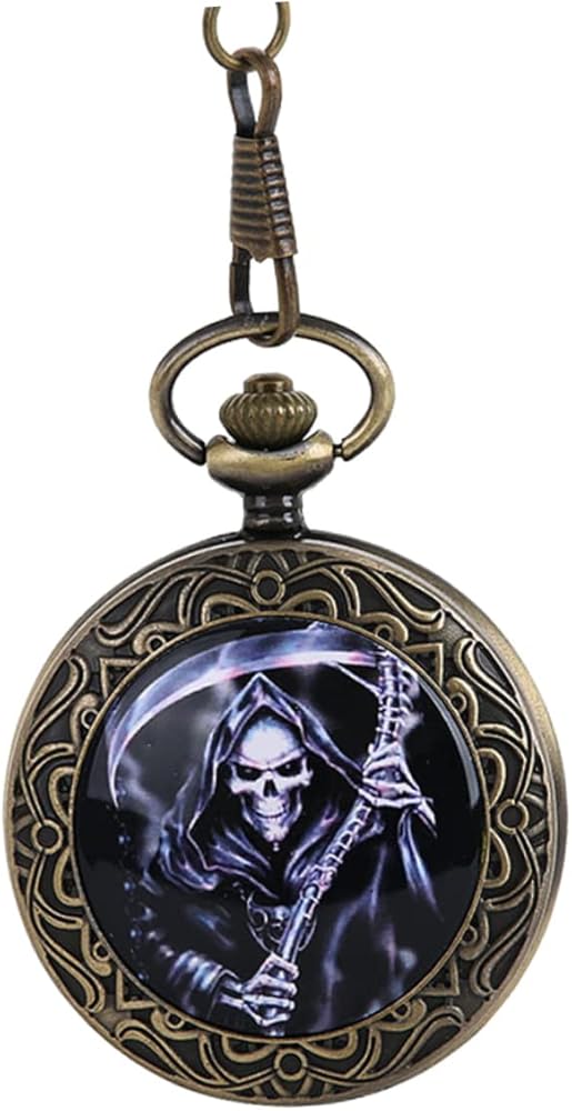 Holibanna Pocket Watch for Men Women Antique Pocket Watch with Chain Steampunk Grim Reaper Skeleton Pocket Watch for Halloween Prop