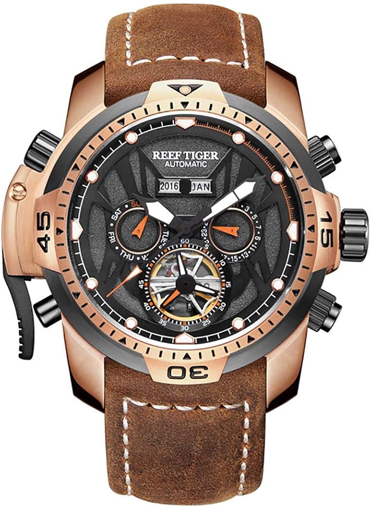 REEF TIGER Sport Luminous Watches Rose Gold Leather Strap Analog Automatic Men's Watch RGA3532 (RGA3532-PBRO)