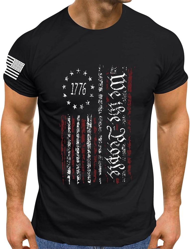 Independence Day Shirt Round Neck Short Sleeve Workout USA Flag Shirts Tee Shirts Mens Pack 2xlt USA Distressed Flag