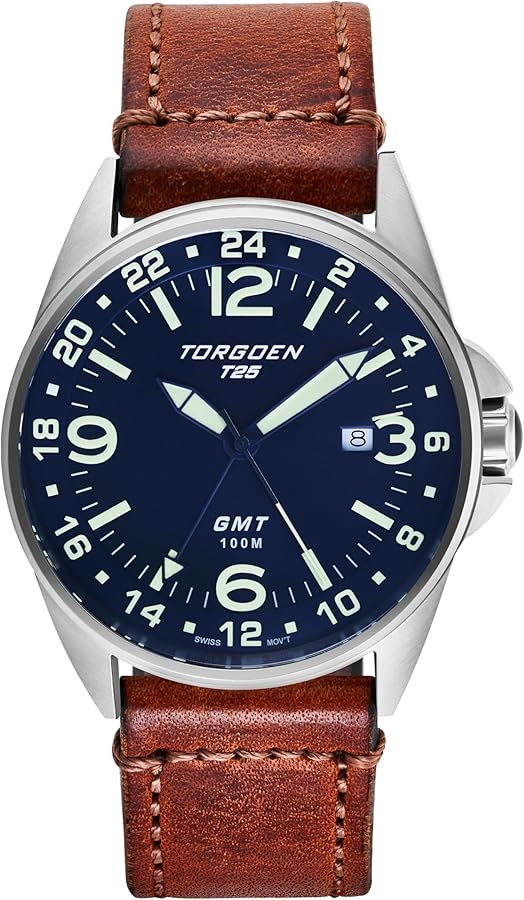 Torgoen T25 GMT Pilot Watch for Men, Swiss Quartz, Sapphire Crystal with Vintage Brown Leather Strap