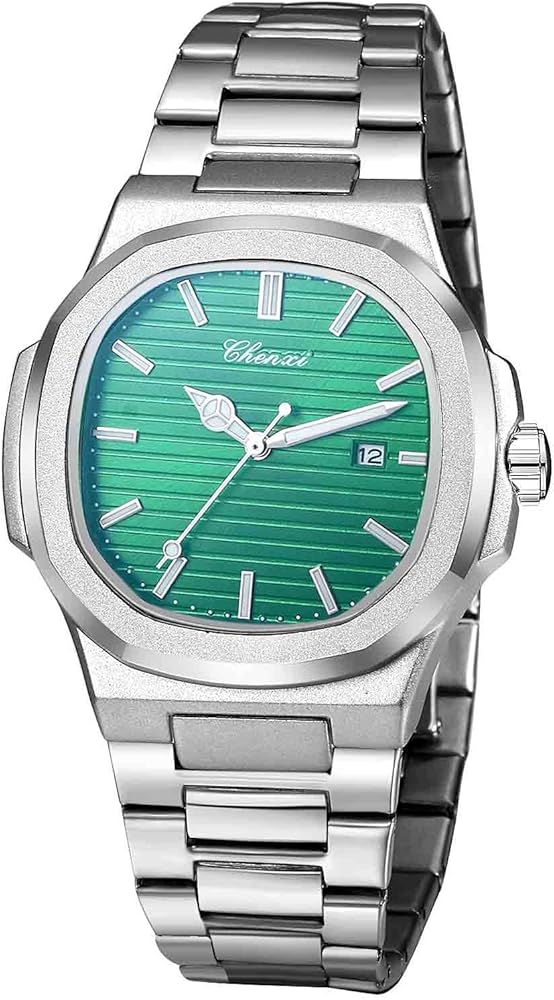 Mens Watches Analog Quartz Waterproof: Stainless Steel Digital Wrist Watches with Luminous Pointer - Elegant Watches with Calendar Gift for Men Boyfriend Father Husband(Green)