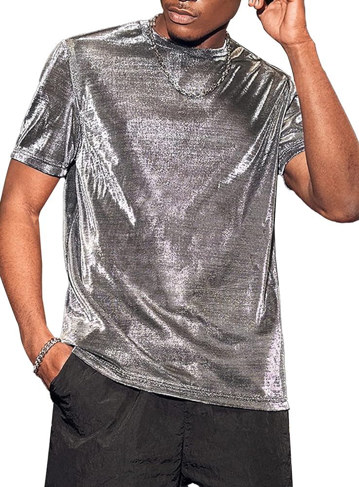 Milumia Men's Casual Metallic Tee Round Neck Short Sleeve T Shirts Tops Streetwear