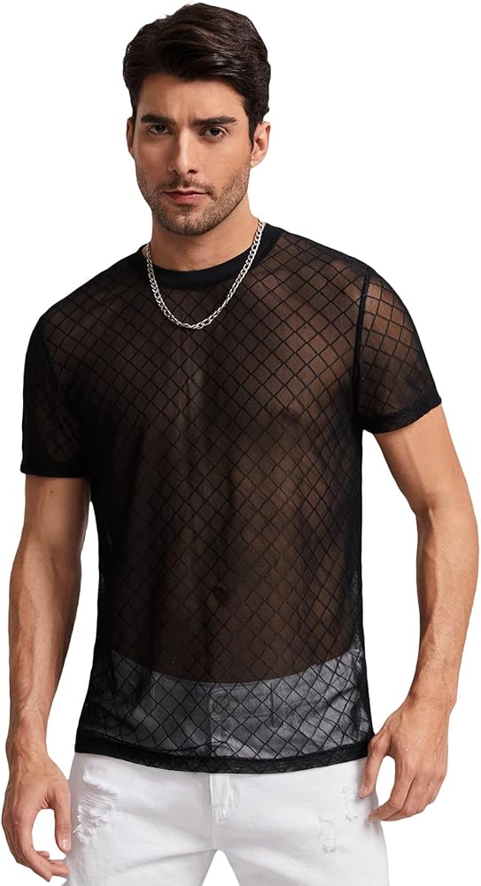 Verdusa Men's Sheer Mesh Short Sleeve T Shirt See Through Round Neck Tee Top