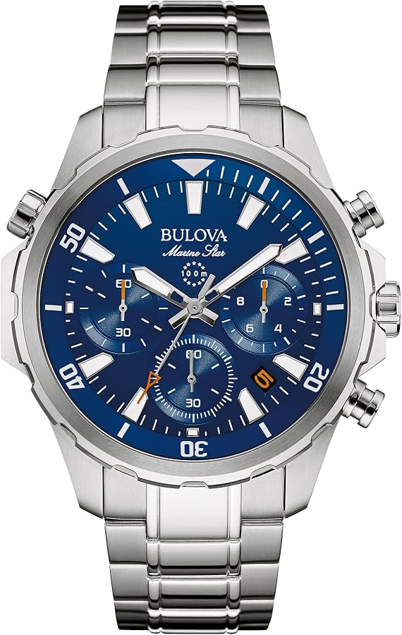 Bulova Men's Marine Star Series B Stainless Steel 6-Hand Chronograph Quartz Watch, Blue Dial Style: 96B256