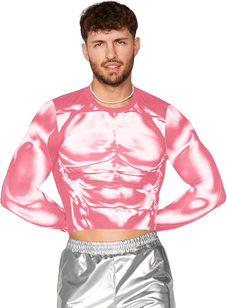 WDIRARA Men's 3D Body Print Crop T shirt Round Neck Long Sleeve Muscle T Shirt Fashion Party Club Tee Tops